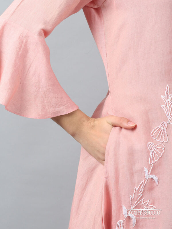 Hand Embroidered Peach Linen Dress