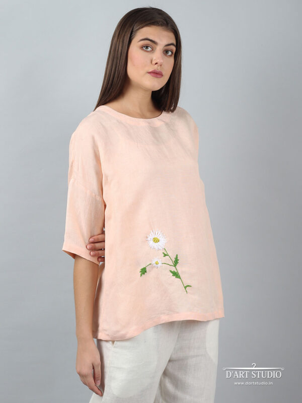 Hand Embroidered Peach Linen Top