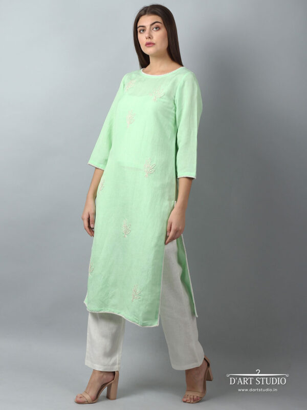 Hand Embroidered Green Linen Kurta