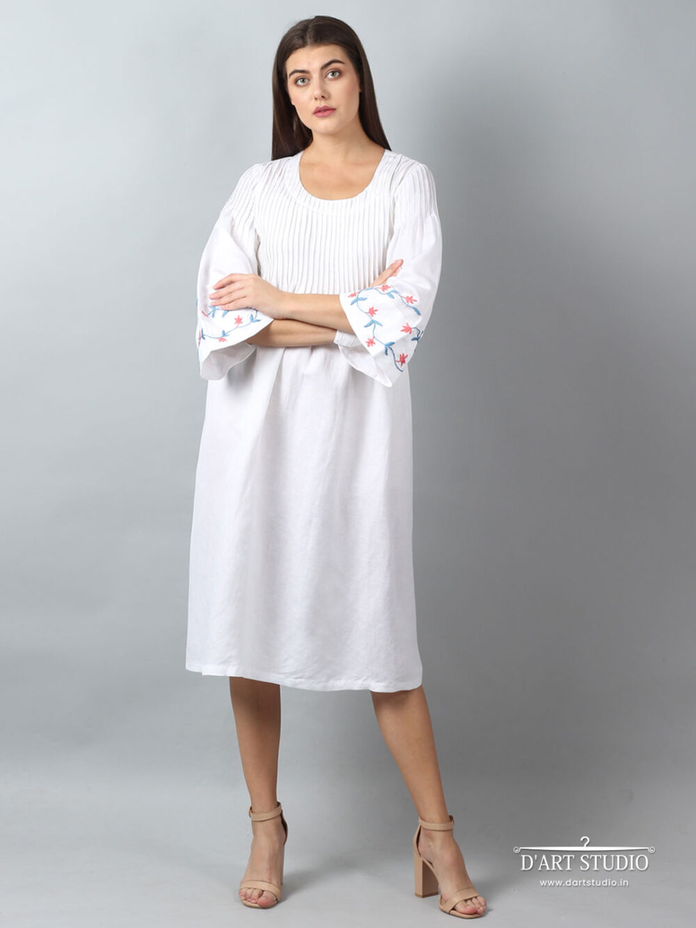 Hand Embroidered White Linen Dress DARTSTUDIO2143