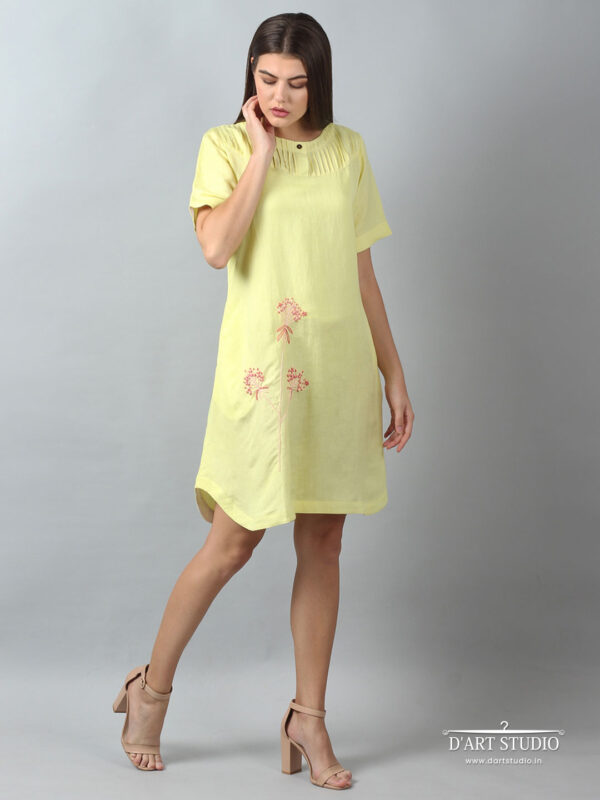 Hand Embroidered Yellow Linen Dress