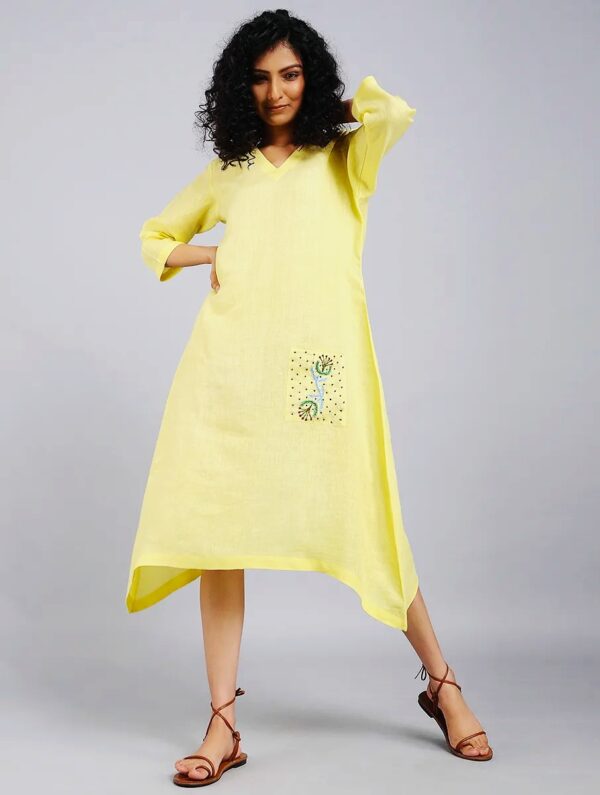 Hand Embroidered Yellow Linen Dress DARTSTUDIO DS2101