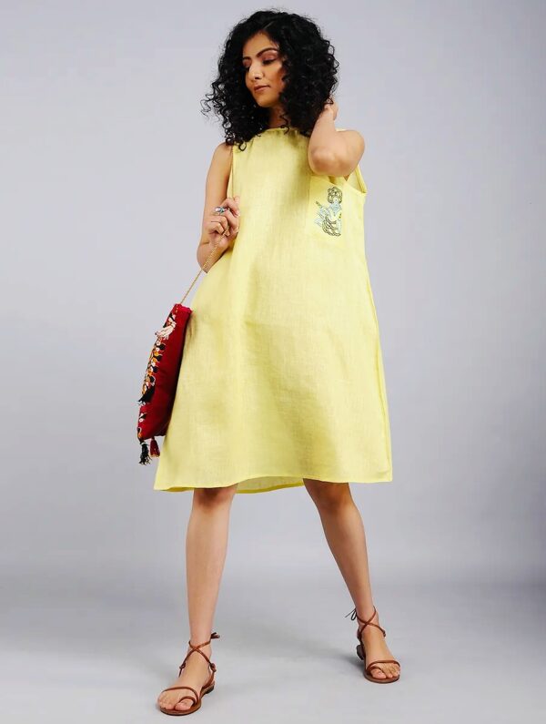 Hand Embroidered Yellow Linen Dress