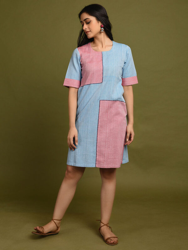 Hand Embroidered Pink Blue Cotton Dress DARTSTUDIO DS2136