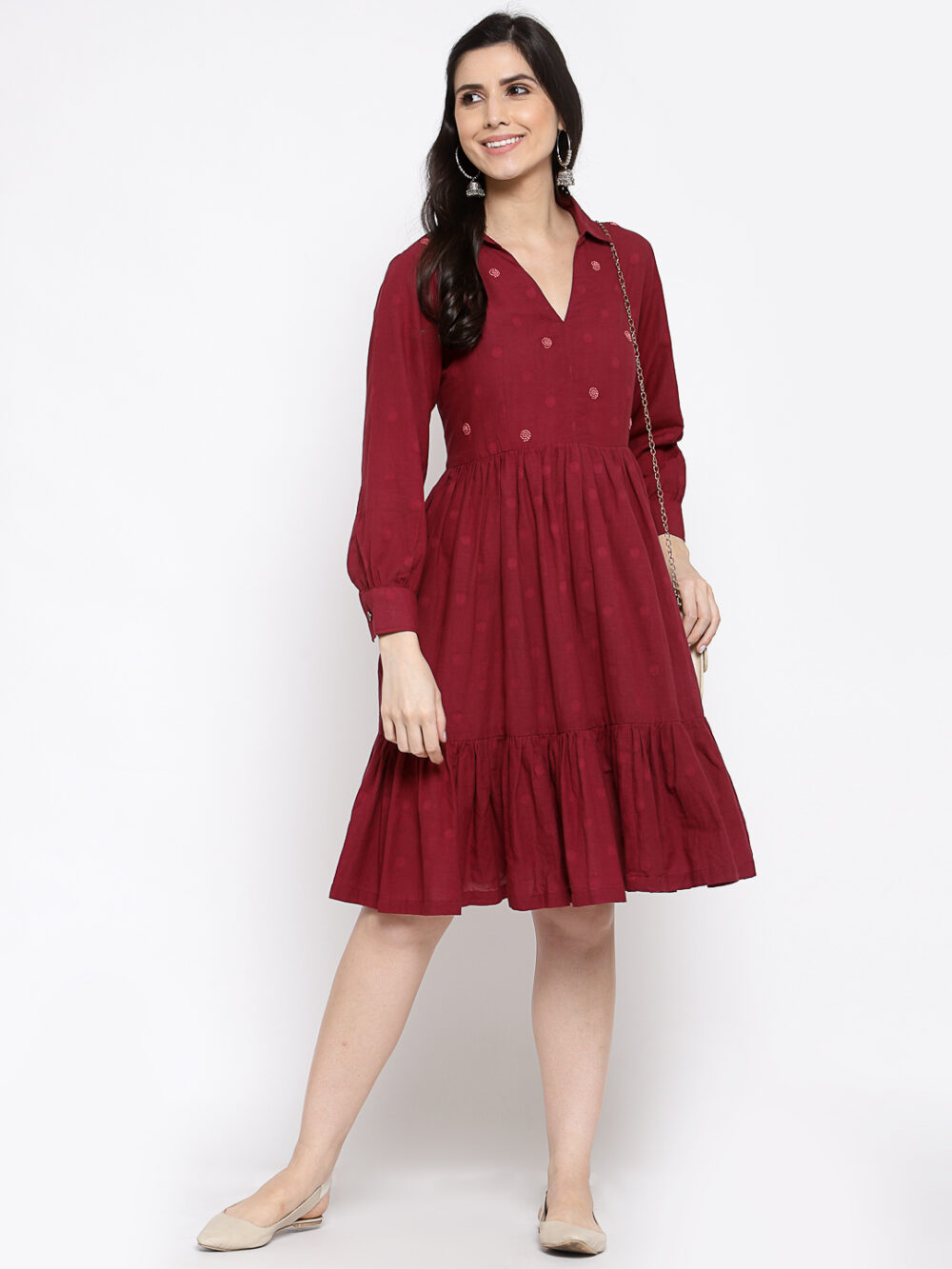 Hand Embroidered Maroon Cotton Dress