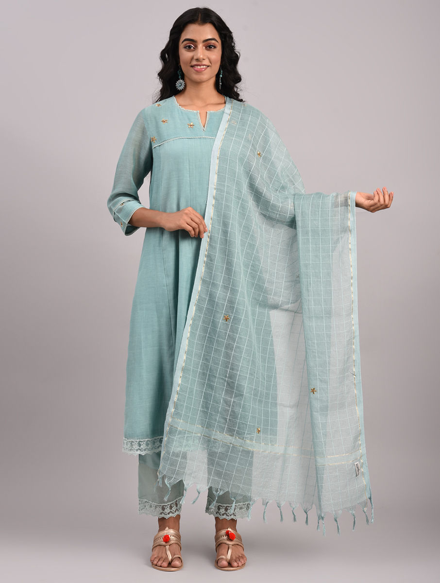 Hand Embroidered Organza Turquoise Blue Dupatta