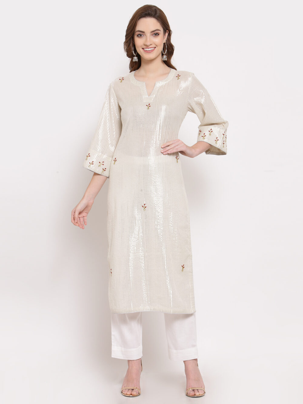 Hand Embroidered White Cotton Kurta with Modal Satin Pants DS10113