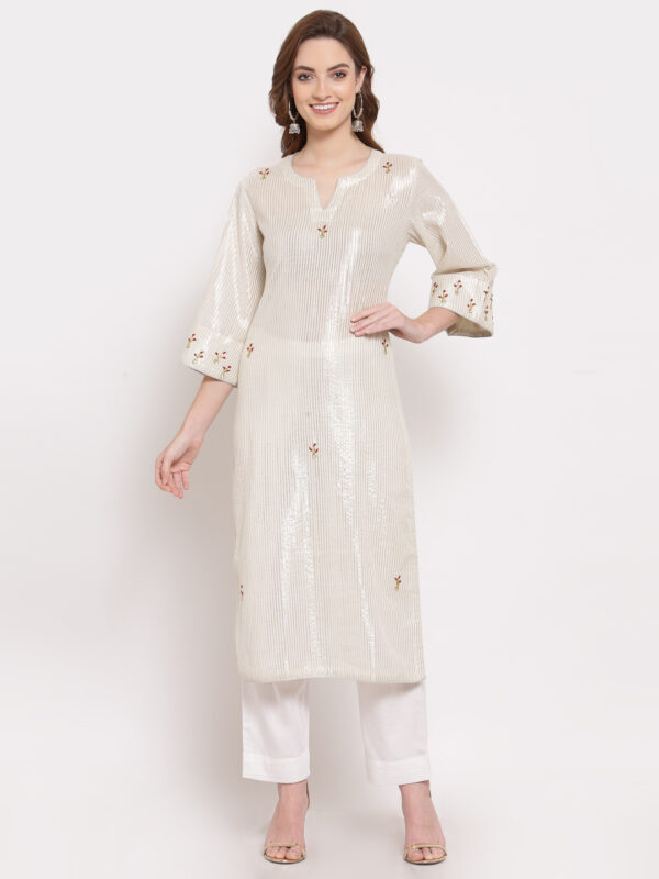 Hand Embroidered White Cotton Kurta with Modal Satin Pants DS10113