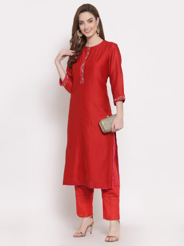 Hand Embroidered Modal Satin Red Palazzo