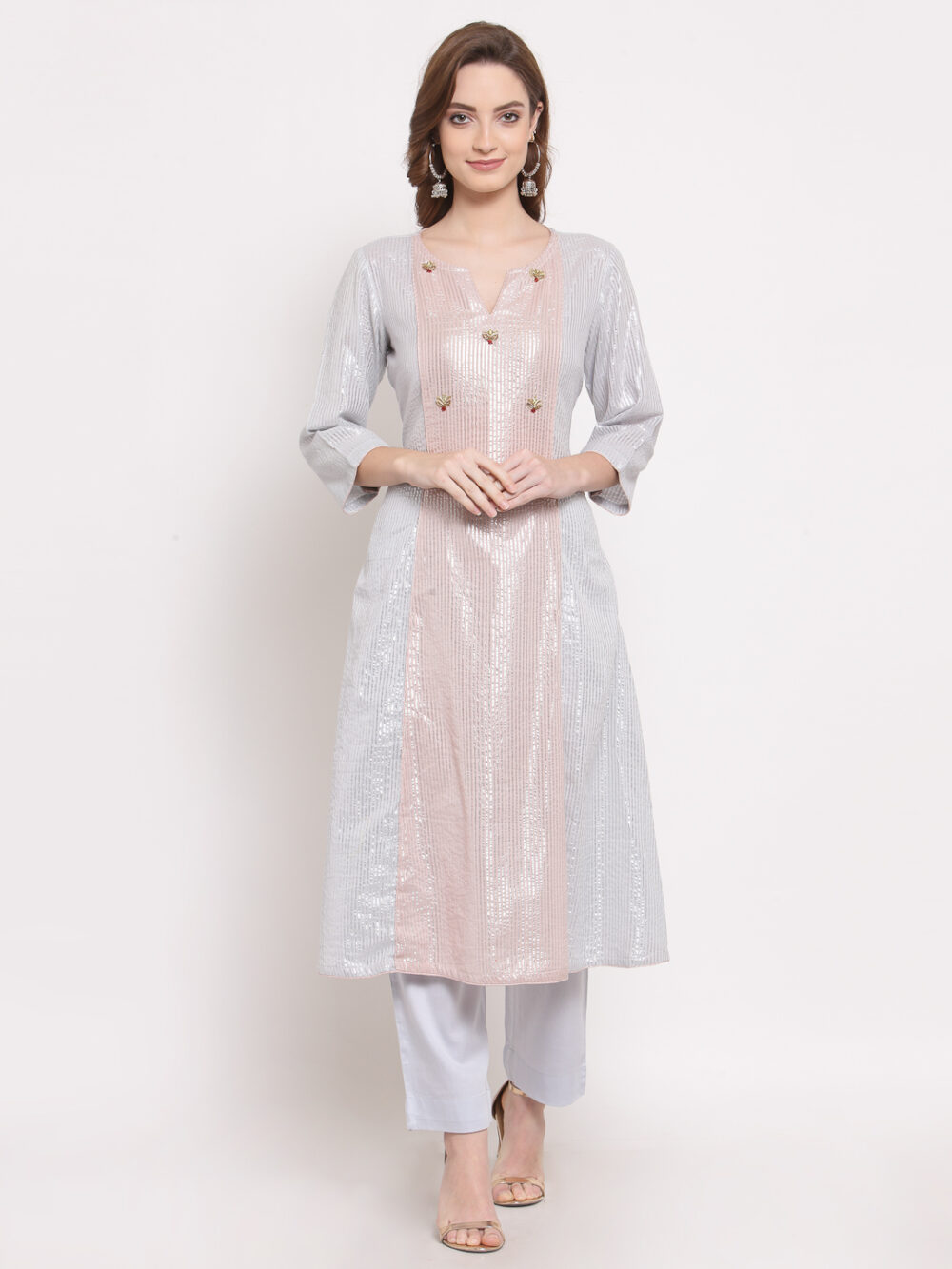 Hand Embroidered Blue Cotton Kurta with Modal Satin Pants DS10114
