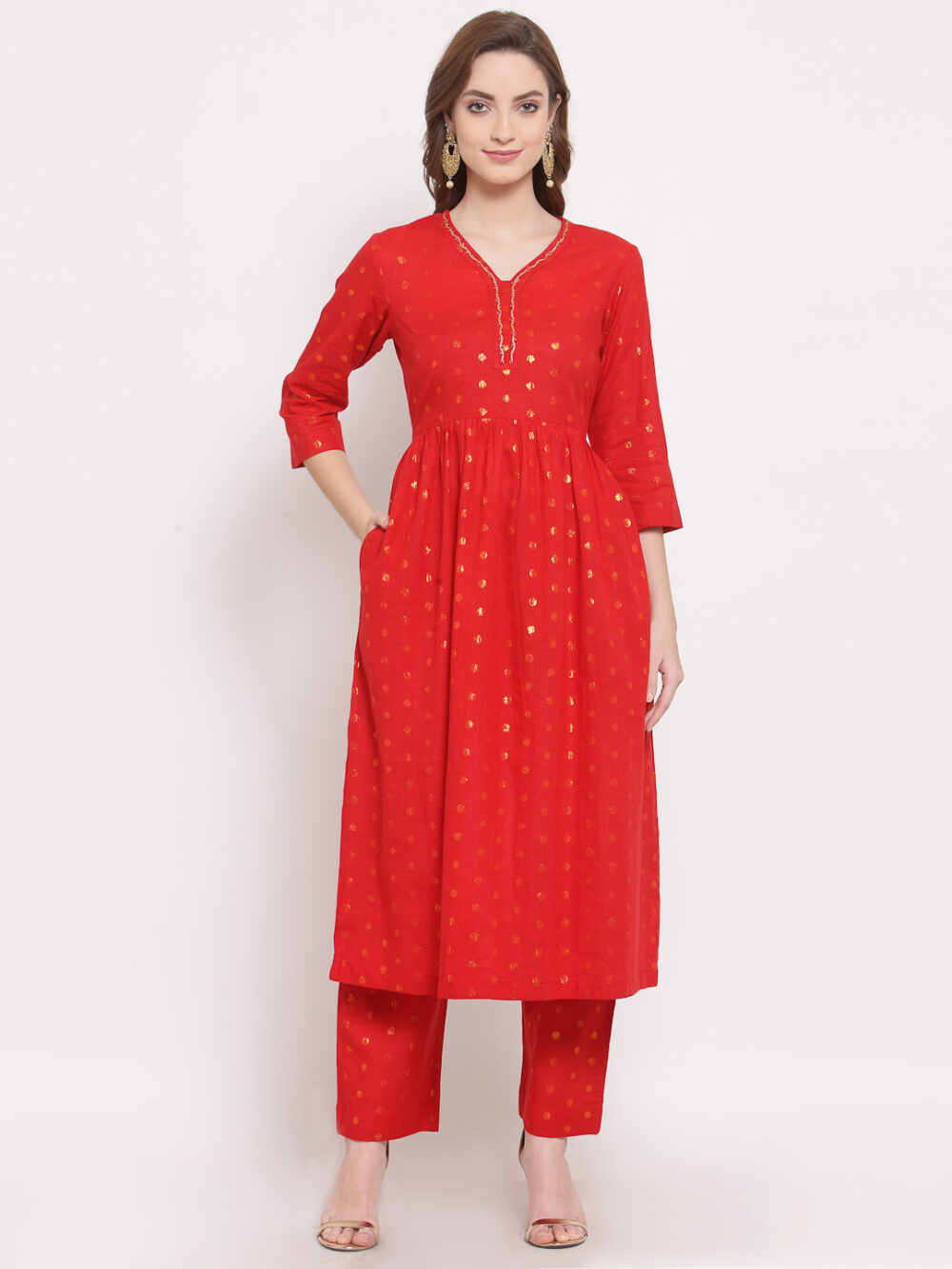 Hand Embroidered Red Cotton Kurta with Pants DART STUDIO DS10107
