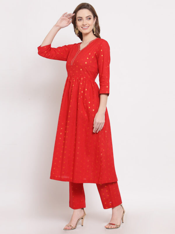 Hand Embroidered Red Cotton Kurta with Pants