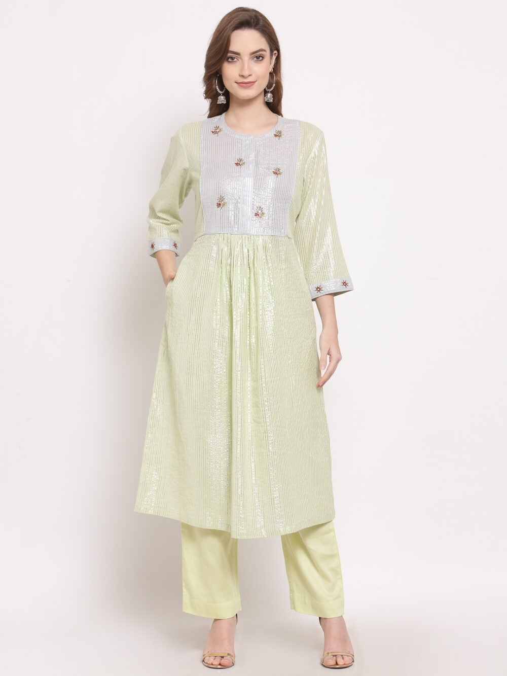 Hand Embroidered Yellow Cotton Kurta with Modal Satin Pants DS10115