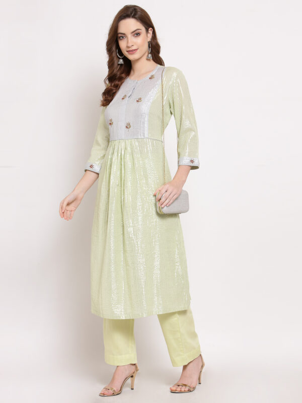 Hand Embroidered Yellow Cotton Kurta with Modal Satin Pants DS10115