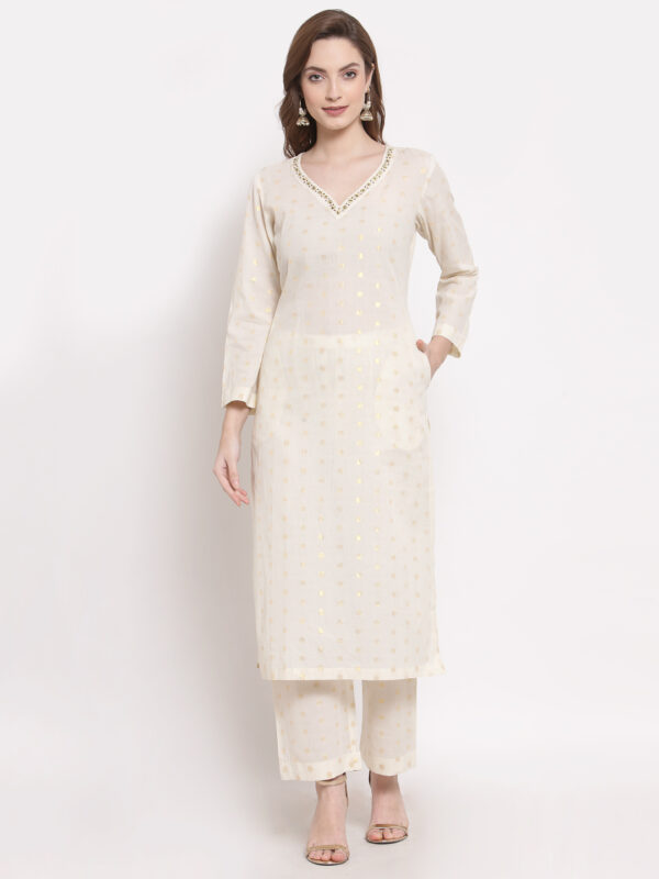Hand Embroidered White Cotton Kurta with Pants