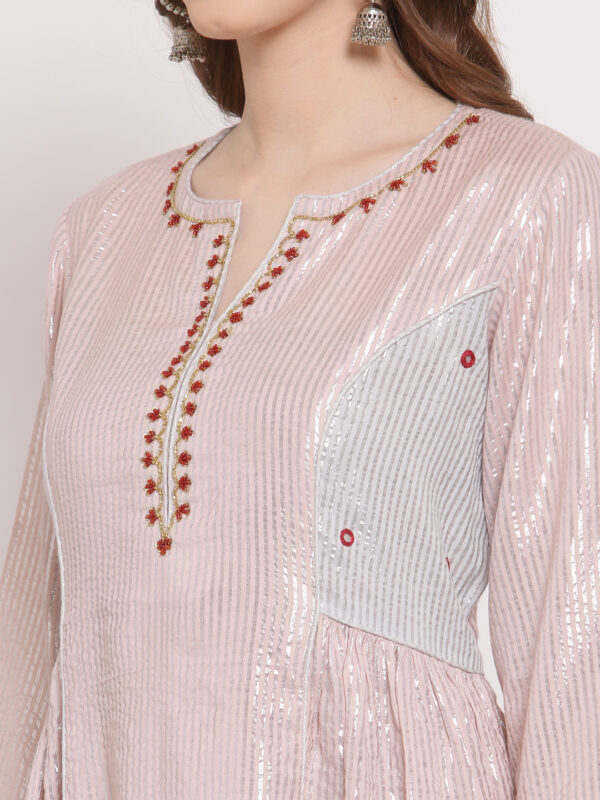 Hand Embroidered Pink Cotton Kurta with Modal Satin Pants