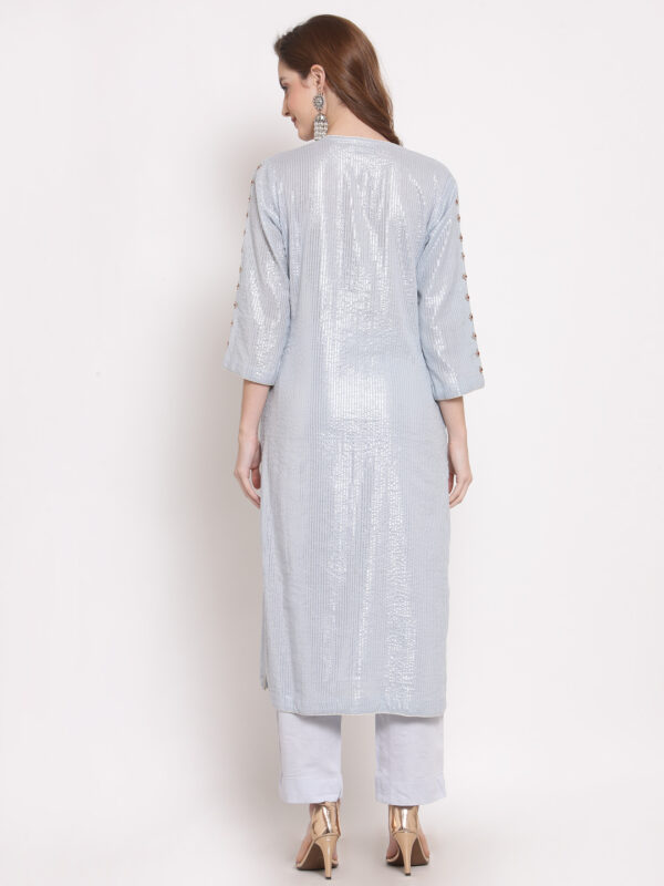 Hand Embroidered Blue Cotton Kurta with Modal Satin Pants DS10117