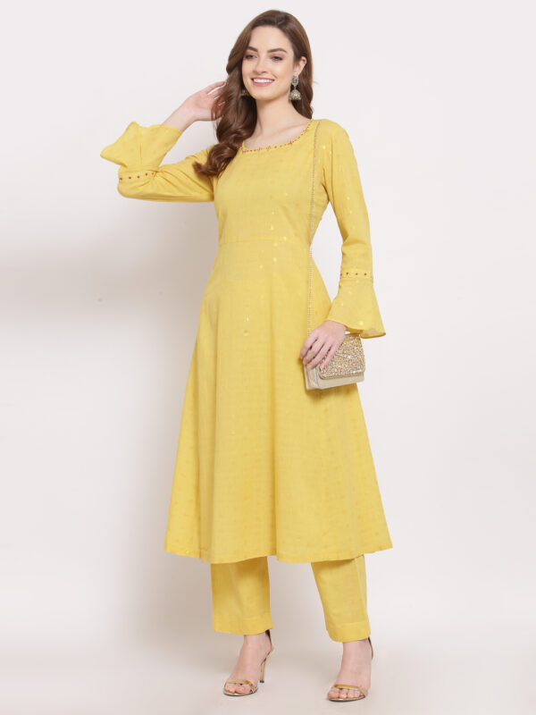 Hand Embroidered Yellow Cotton Kurta with Pants