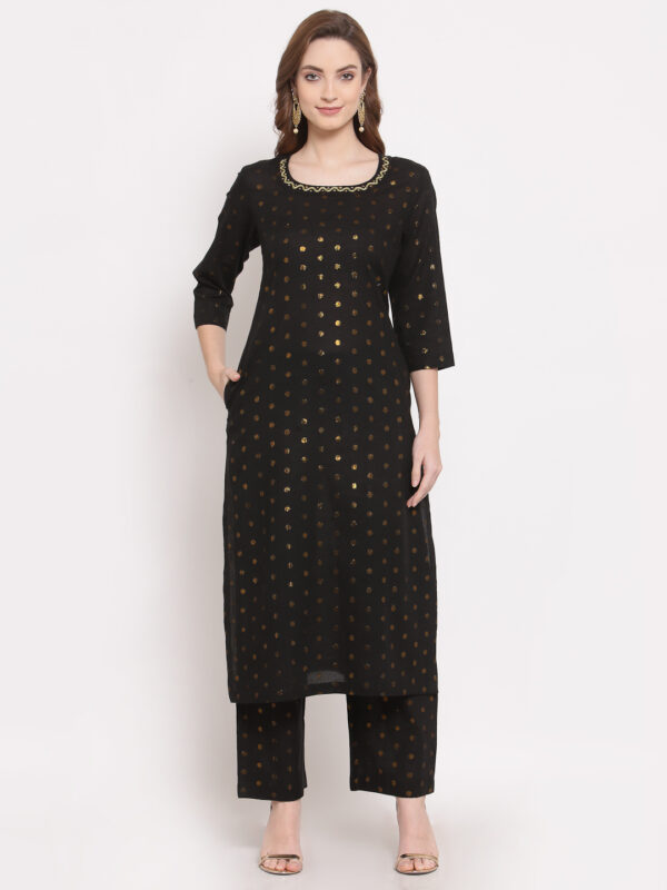 Hand Embroidered Black Cotton Kurta with Pants