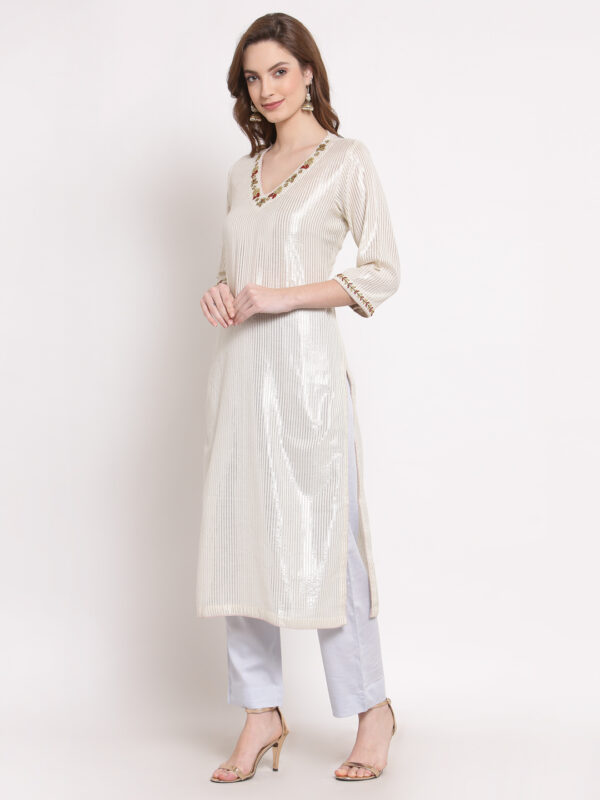 Hand Embroidered White Cotton Kurta with Modal Satin Pants DS10119