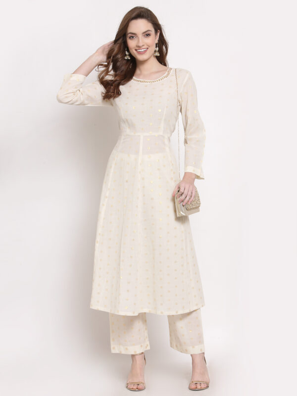 Hand Embroidered White Cotton Kurta with Pants