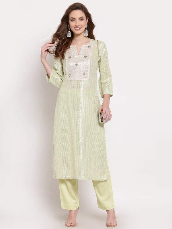 Hand Embroidered Yellow Cotton Kurta with Modal Satin Pants DS10120