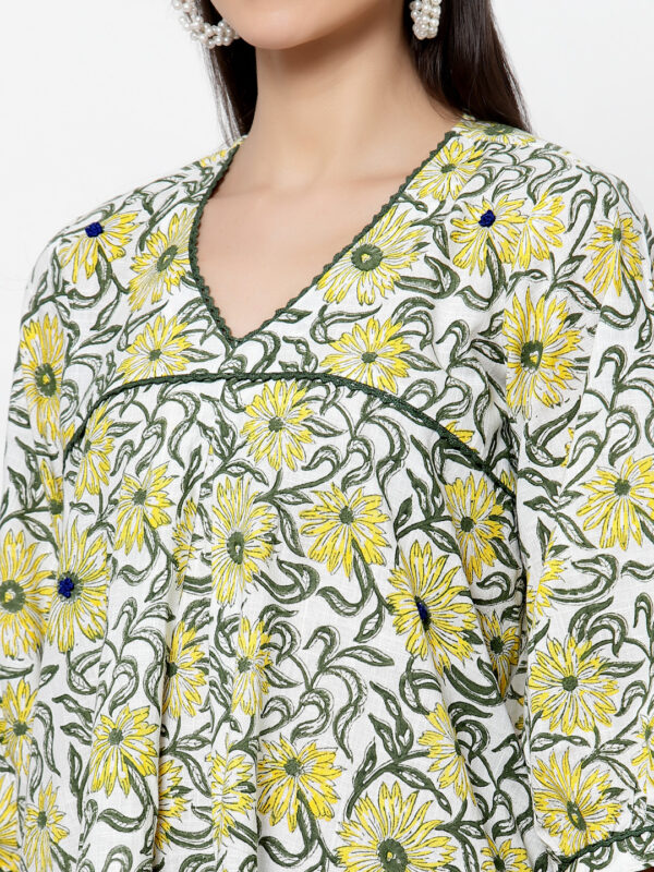 Hand Block Printed and Hand Embroidered Yellow Green Cotton Dress