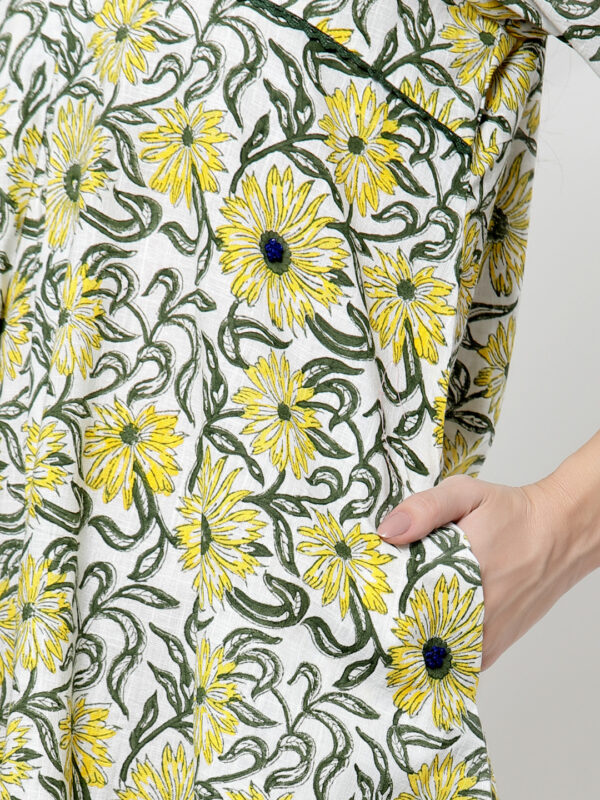 Hand Block Printed and Hand Embroidered Yellow Green Cotton Dress