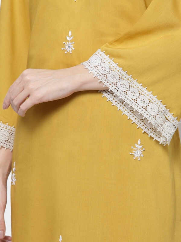 Yellow Hand Embroidered Flared Sleeves Thread Work Kurta
