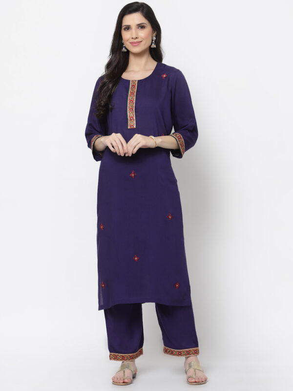 Hand Embroidered Navy Blue and Russian Violet Thread Work Kurta