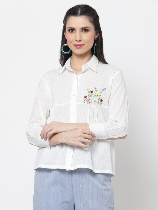 Hand Block Printed and Hand Embroidered White Self Design Shirt Style Top