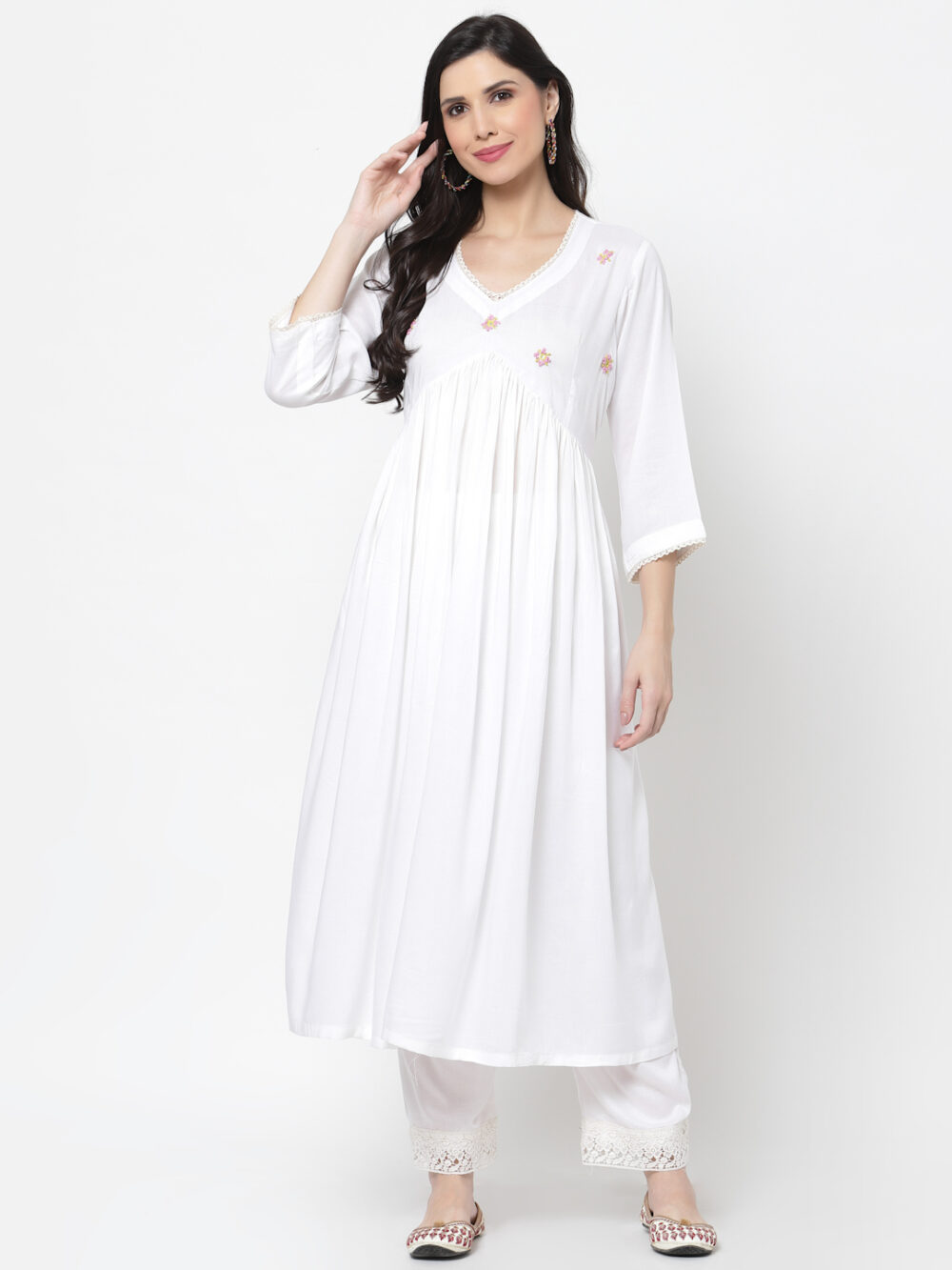 Hand Embroidered White Viscose Modal Midi Dress
