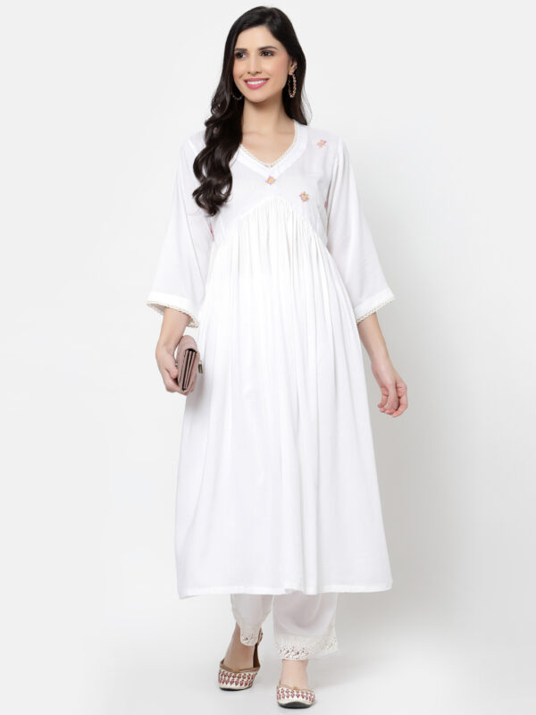 Viscose Modal White Ethnic Palazzo with Lace