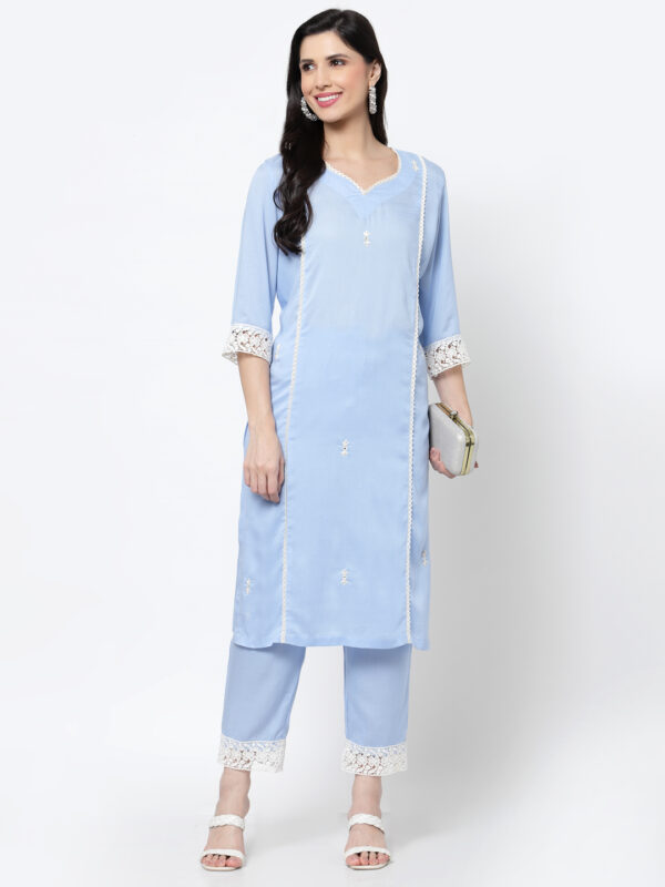 Viscose Modal Blue Ethnic Palazzo with White Lace