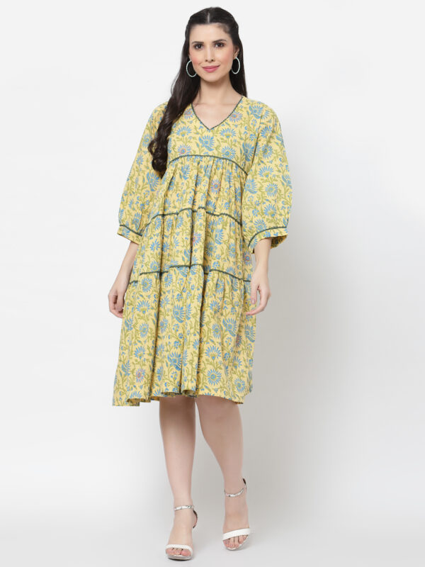 Hand Block Printed and Hand Embroidered Yellow and Blue A-Line Cotton Dress