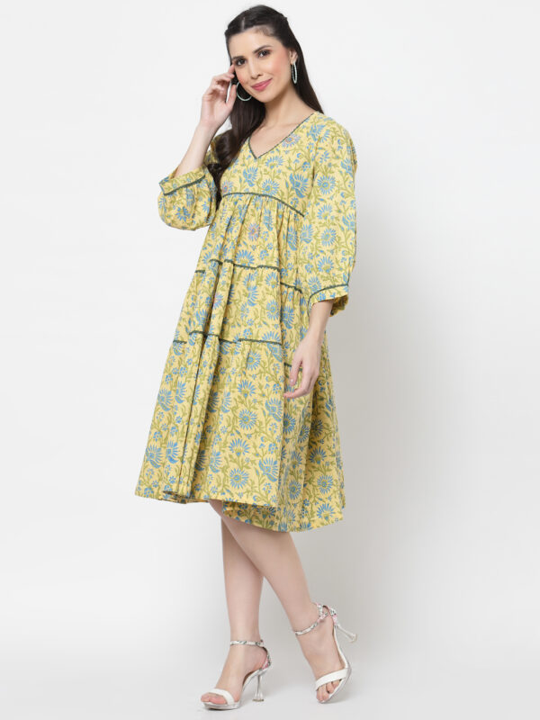 Hand Block Printed and Hand Embroidered Yellow and Blue A-Line Cotton Dress