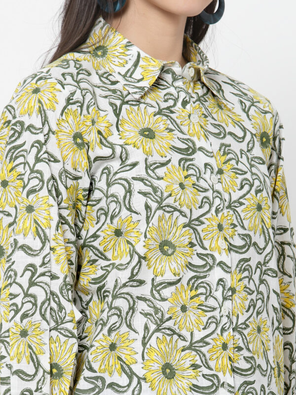Hand Block Printed Yellow Green Shirt Style Cotton Top