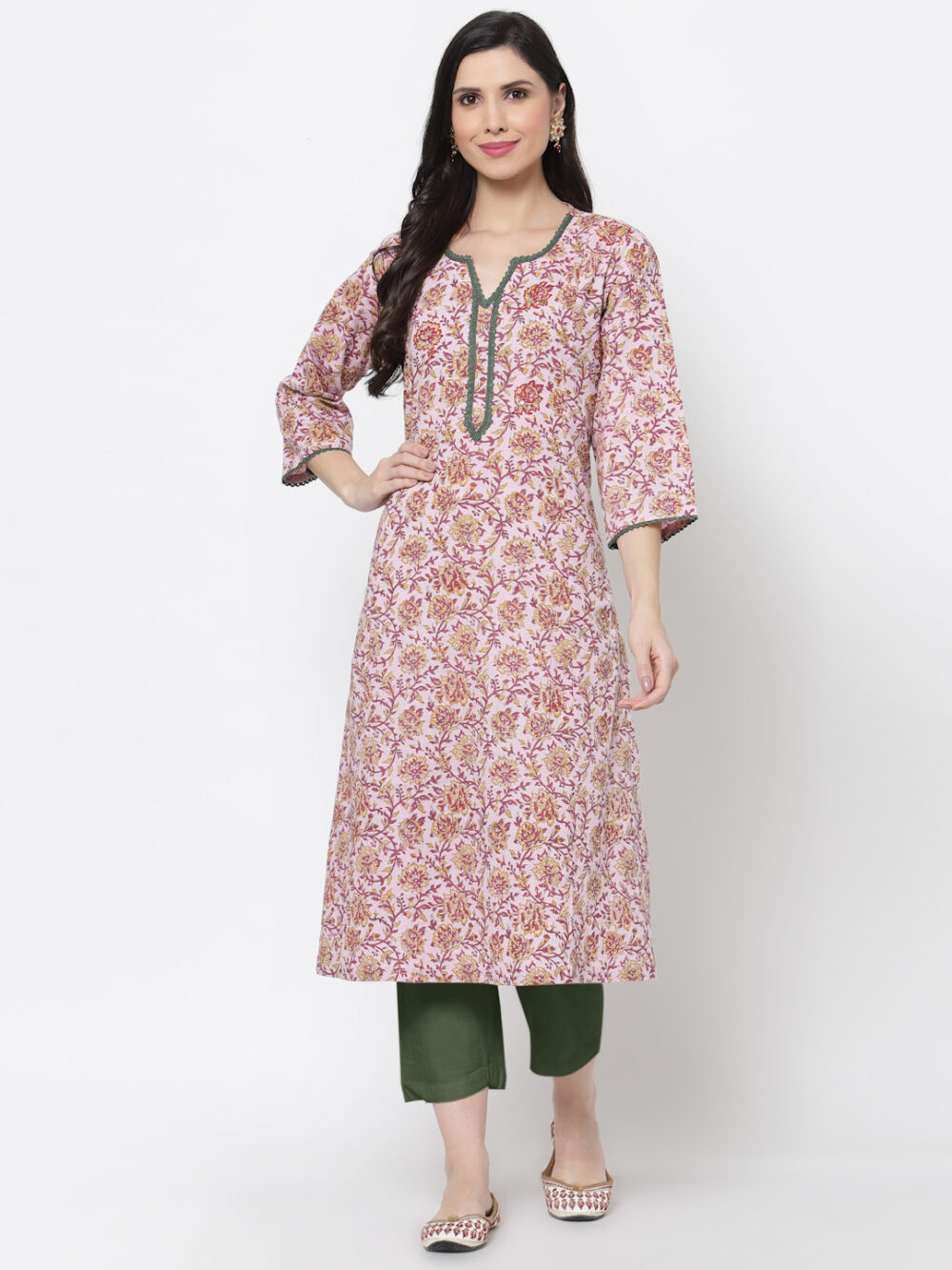 Hand Embroidered Maroon and Pink Sweetheart Neck Hand Block Printed Kurta