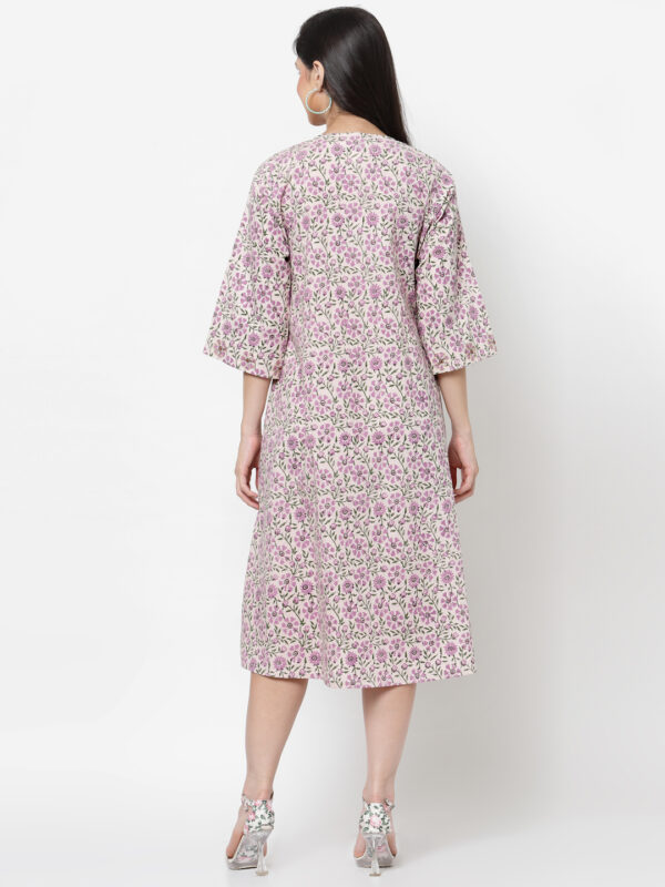 Hand Block Printed and Hand Embroidered Pink and Green Cotton Dress