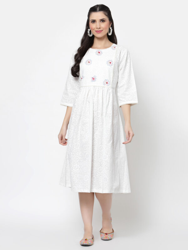 Hand Block Printed and Hand Embroidered White Cotton Dress