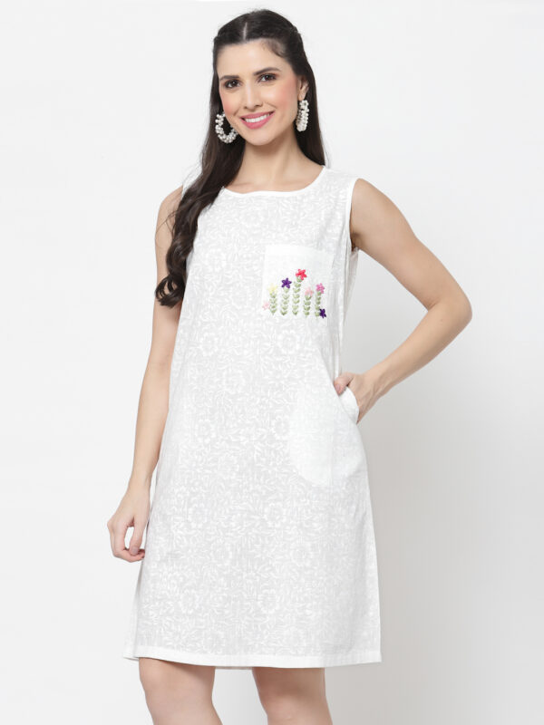 Hand Block Printed and Hand Embroidered White Cotton Dress