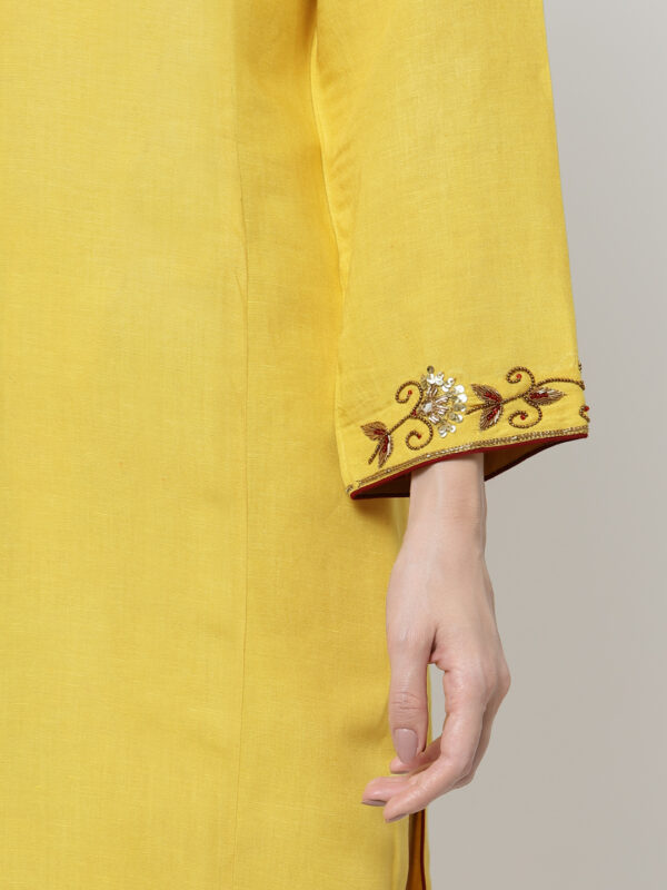 Hand Embroidered Yellow Viscose Linen Kurta