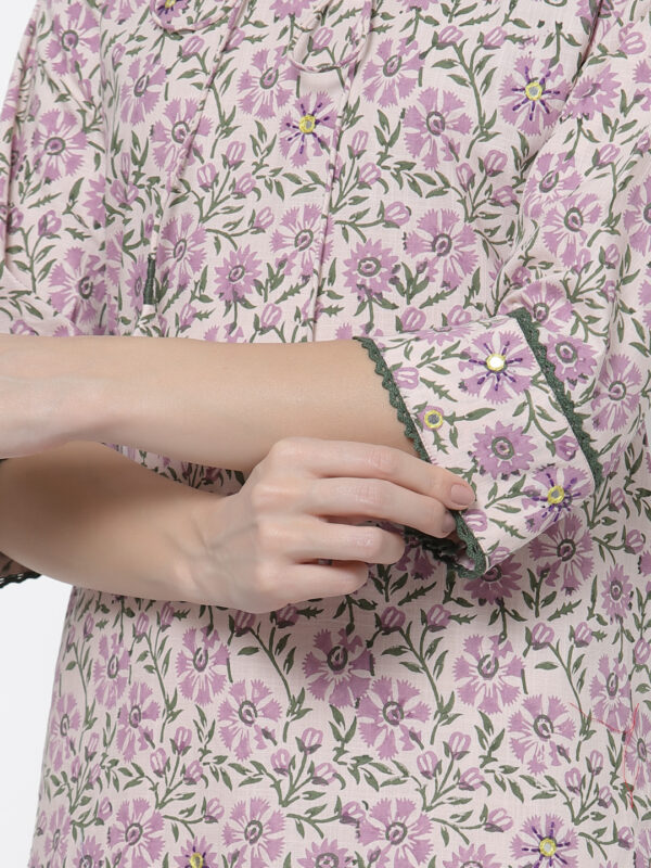 Pink and Green Floral Keyhole Neck Hand Block Printed Kurta