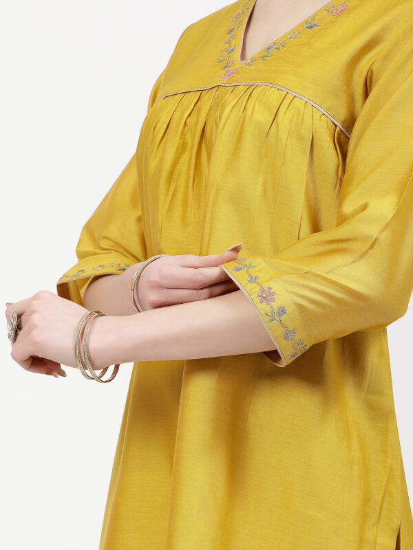 Yellow Hand Embroidered Chanderi Silk Fusion Kurta with Palazzo