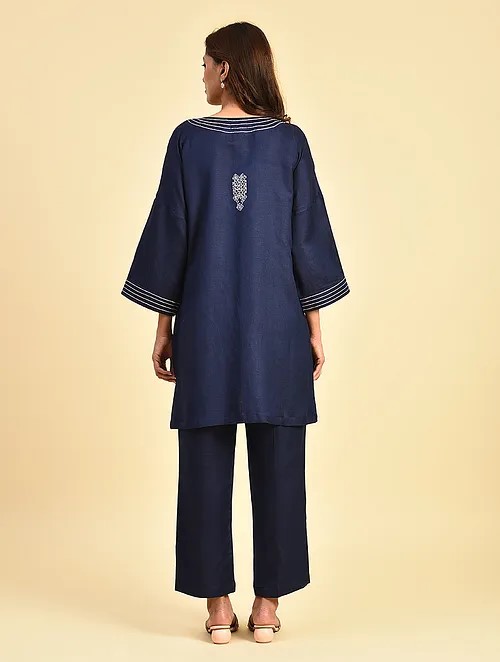 Free size Navy Blue Hand Embroidered Linen Kimono Jacket