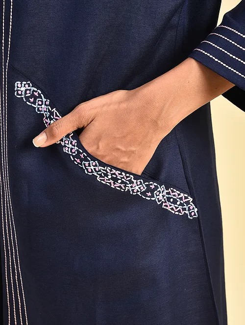 Free size Navy Blue Hand Embroidered Linen Kimono Jacket