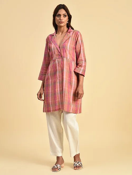 Pink check Hand embroidered Linen Jacket with buttoons