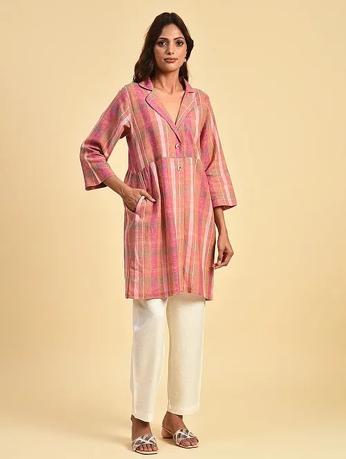 Pink check Hand embroidered Linen Jacket with buttoons