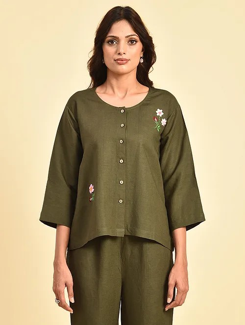 Green Hand embroidered Linen Jacket