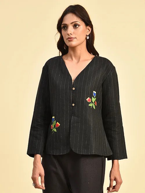 Black stripe Hand embroidered Linen Jacket